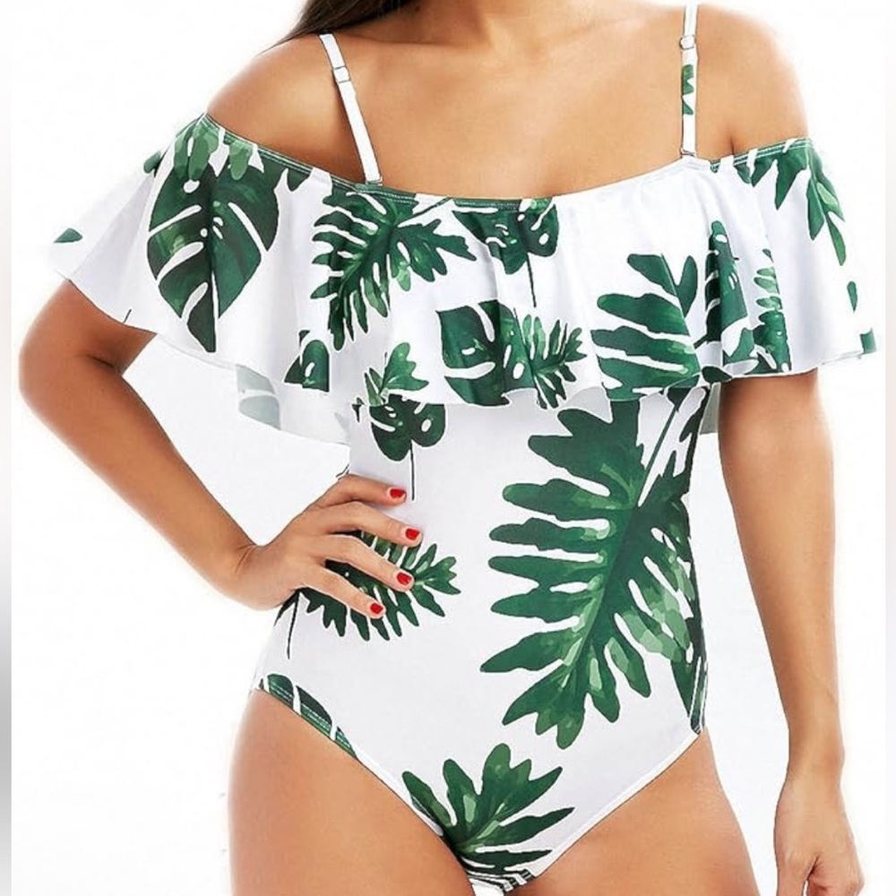 Womens One Piece Floral leaf Print Ruffle Off Shoulder strapless NWOT